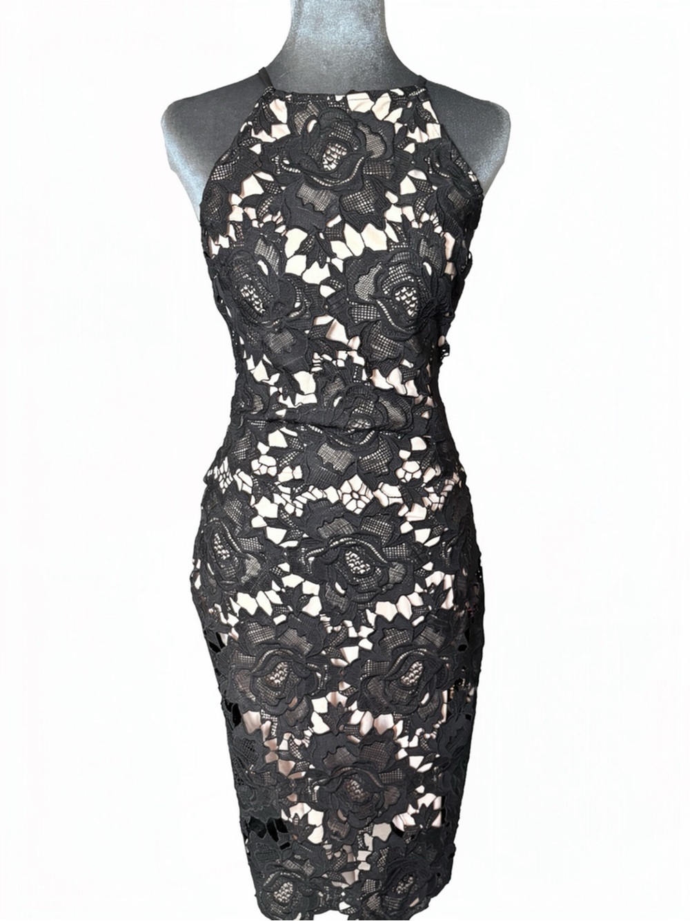 Just Me Black Floral Lace High Neck Sheath Dress Exposed Zipper S